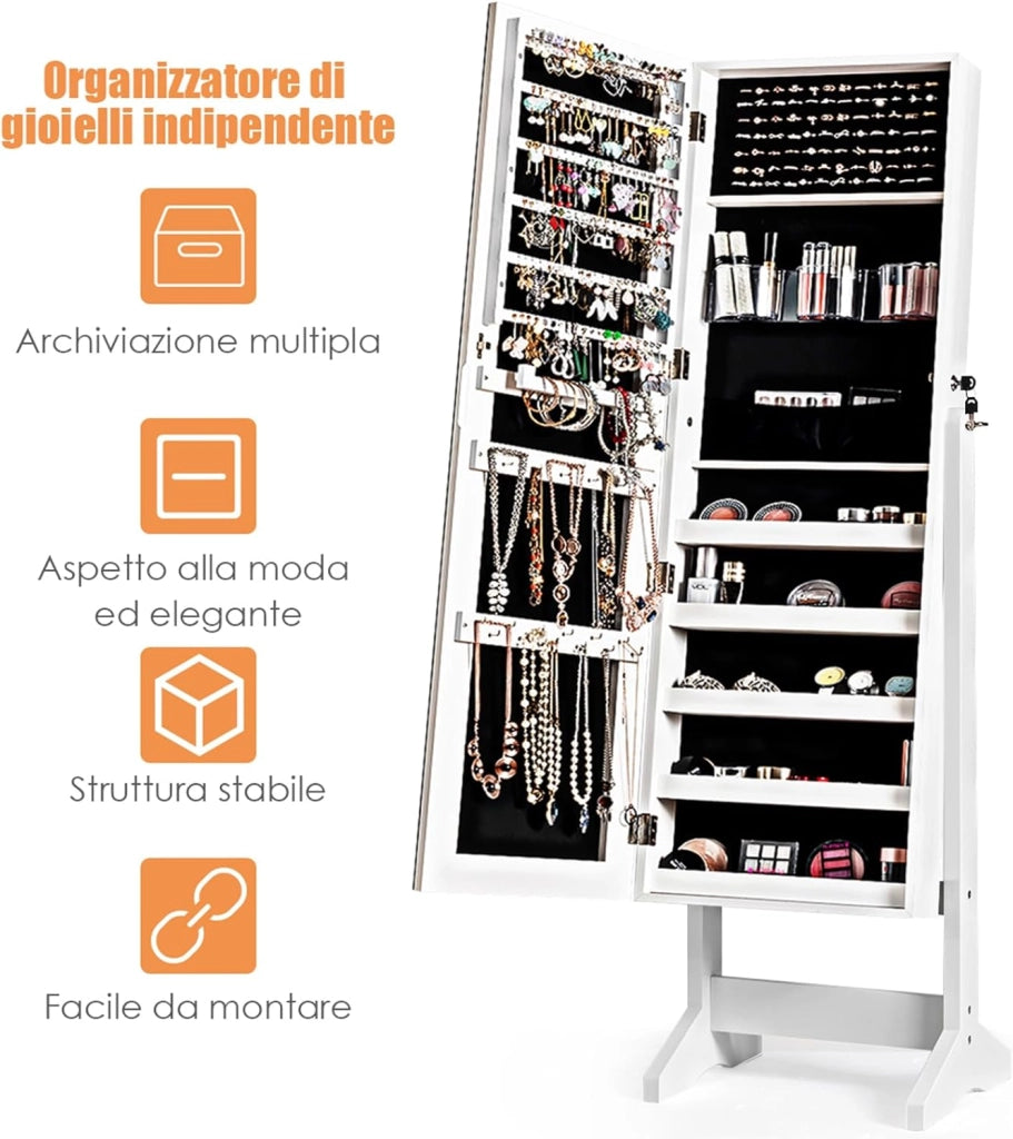 Armadietto Portagioie Specchiera per Gioielli, Armadio per Gioielli 2 in 1 con Grande Capacità, 4 Angoli Regolabili, 41 x 36,5 x 146 cm (Bianco)