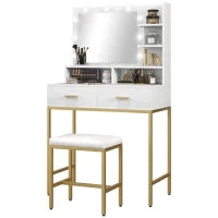 Mobile Toeletta con Specchio, 2 Cassetti, 5 Ripiani e Sgabello, in MDF e Truciolato, 80x40x138 cm, Bianco