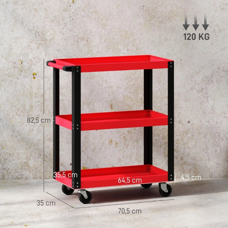 Carrello portautensili a 3 livelli in metallo rosso, 120 kg, con ruote e maniglia