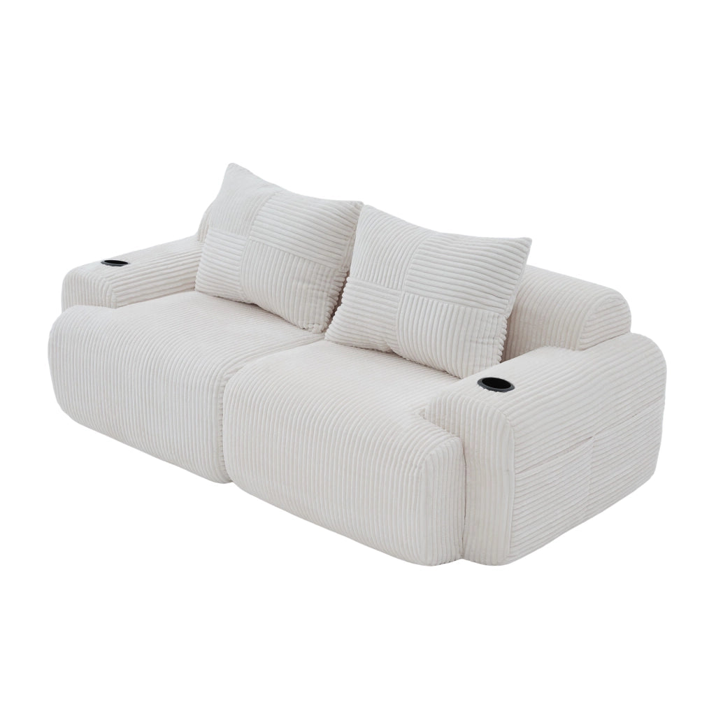 Divano modulare 2 posti con portabicchieri e tasca laterale ergonomico in velluto a coste beige 200 × 99 × 80 cm