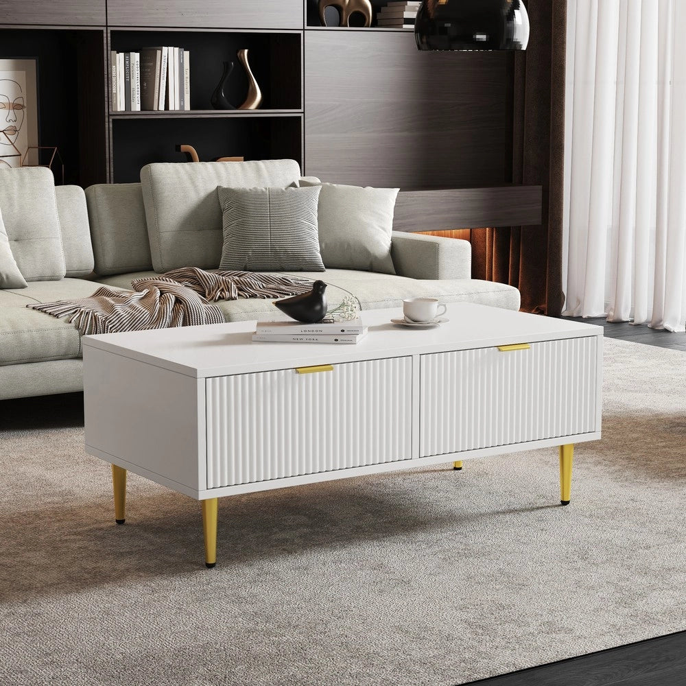 Tavolino da Caff¨¨ Moderno ¨C MINIMAL ¨C Bianco con Dettagli Oro, 2 Cassetti, 100x50x40 cm