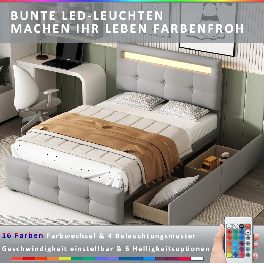 Letto singolo 90x200 cm imbottito con LED; 2 cassetti e rete a doghe; grigio