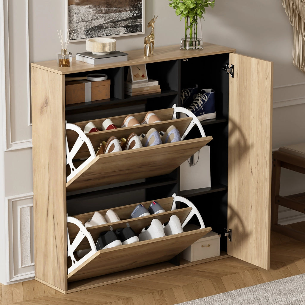 Armadio scarpiere sottile con 2 ribalte e 1 anta, ripiani regolabili, design legno e nero, 90x24x94 cm