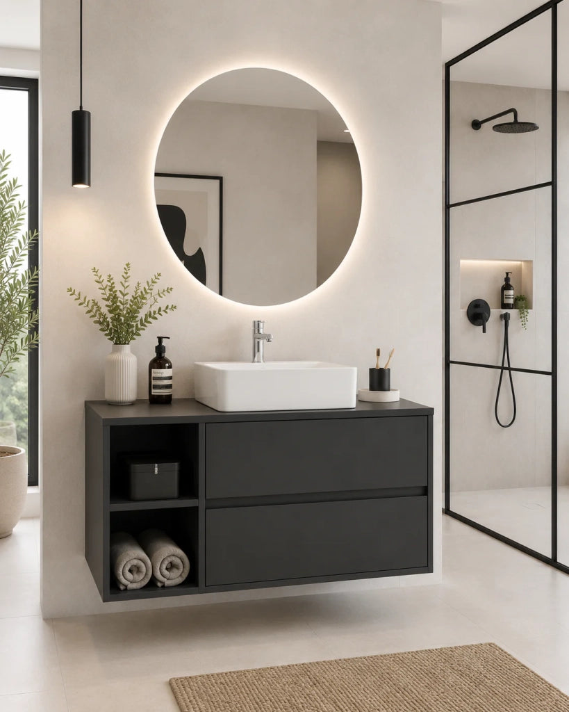 Mobile bagno con top in legno e lavabo da appoggio ORIGENBATH ZEUS senza specchio 80x45 cm Sinistra grafite