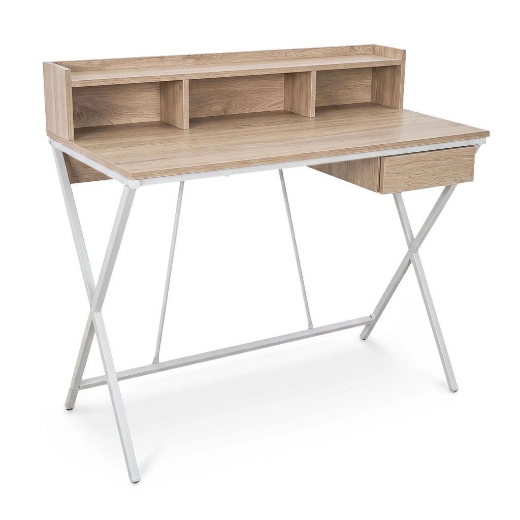 Scrivania PC industriale Rovere Sonoma FLEXO 100 cm 1 cassetto 1 ripiano gambe bianche