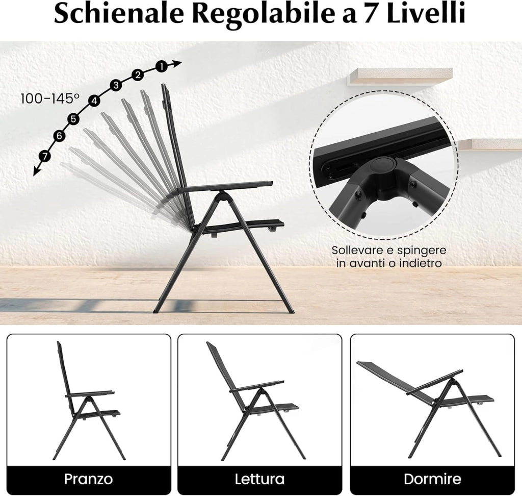 Sedie Pieghevoli da Patio, Sedie in Metallo con Schienale Regolabile su 7 Posizioni, Braccioli, Sedie Reclinabili Portatili per Giardino, Veranda, Piscina, 72,5 x 58 x 107 cm (2)
