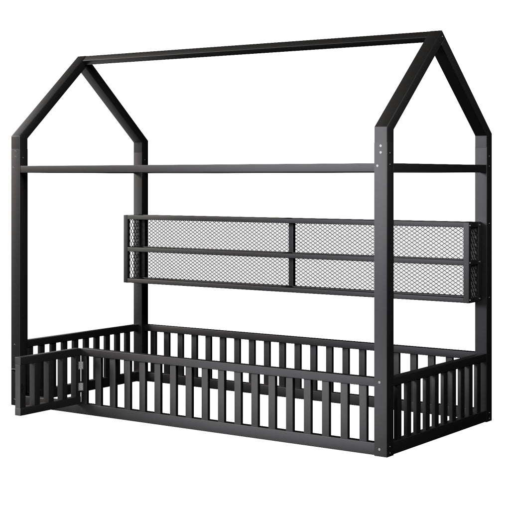 Letto Casetta 90x200 cm con Sponda; LED a 7 colori; Tetto; in Metallo; Nero