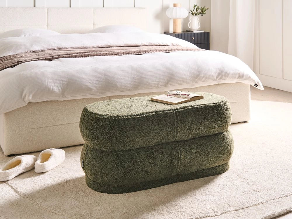 Panca decorativa con tessuto bouclè verde imbottito soggiorno camera da letto moderno
