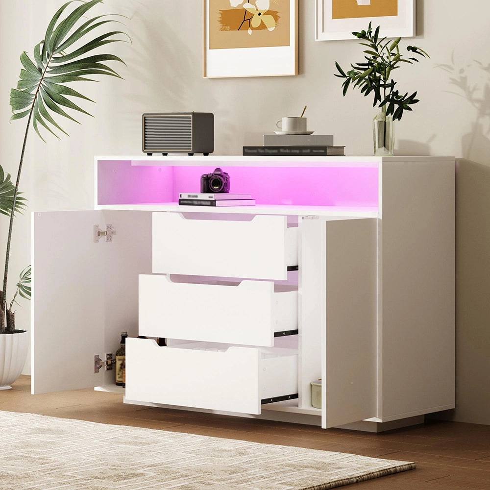 Armadio multifunzionale moderno - Xylo - Bianco con ripiano aperto, tre cassetti e porte su entrambi i lati