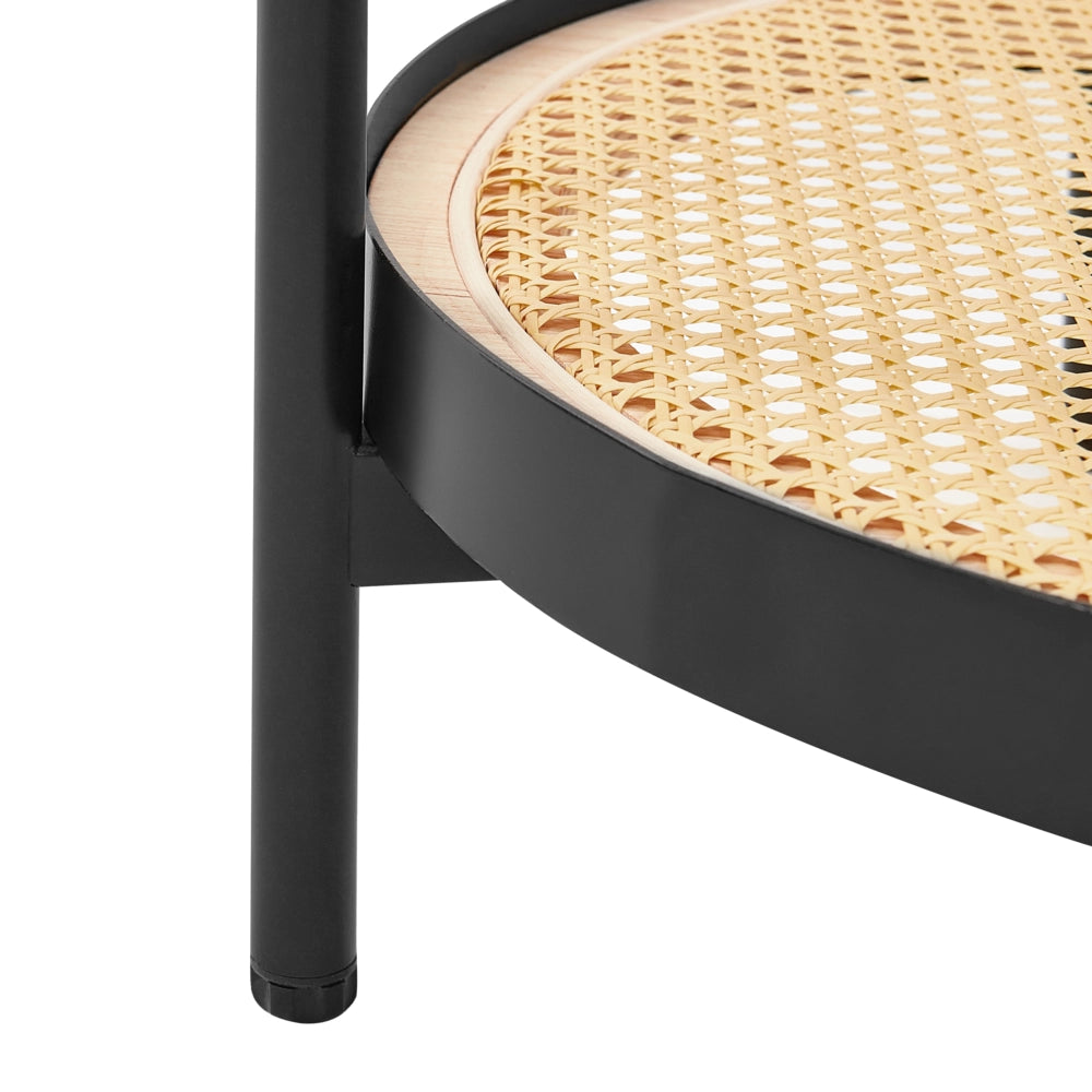 Tavolino piano in vetro struttura rotonda in metallo 1 ripiano intreccio viennese legno chiaro stile moderno