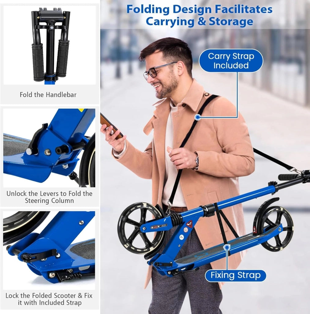 Monopattino da bambino con 2 ruote, LED e freno, skateboard pieghevole, 3 altezze regolabili, scooter in alluminio con cavalletto e cintura, carico 100 kg, bambini 8 anni