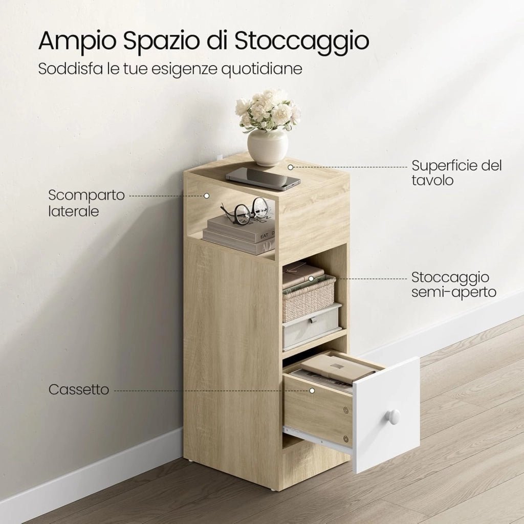 Set di 2 Comodino Stretto, Comodino con 2 Scomparti a Giorno e Cassetto, Tavolino da Notte 25x30x66cm, Mobile Salvaspazio per Camera da Letto, Soggiorno, in Truciolato, Rovere, 0192ZZ-2