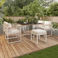 Set da pranzo da esterno a 7 pezzi con tavolo in vetro temperato, intreccio in rattan, cuscini, per 6 persone, Nero e Bianco