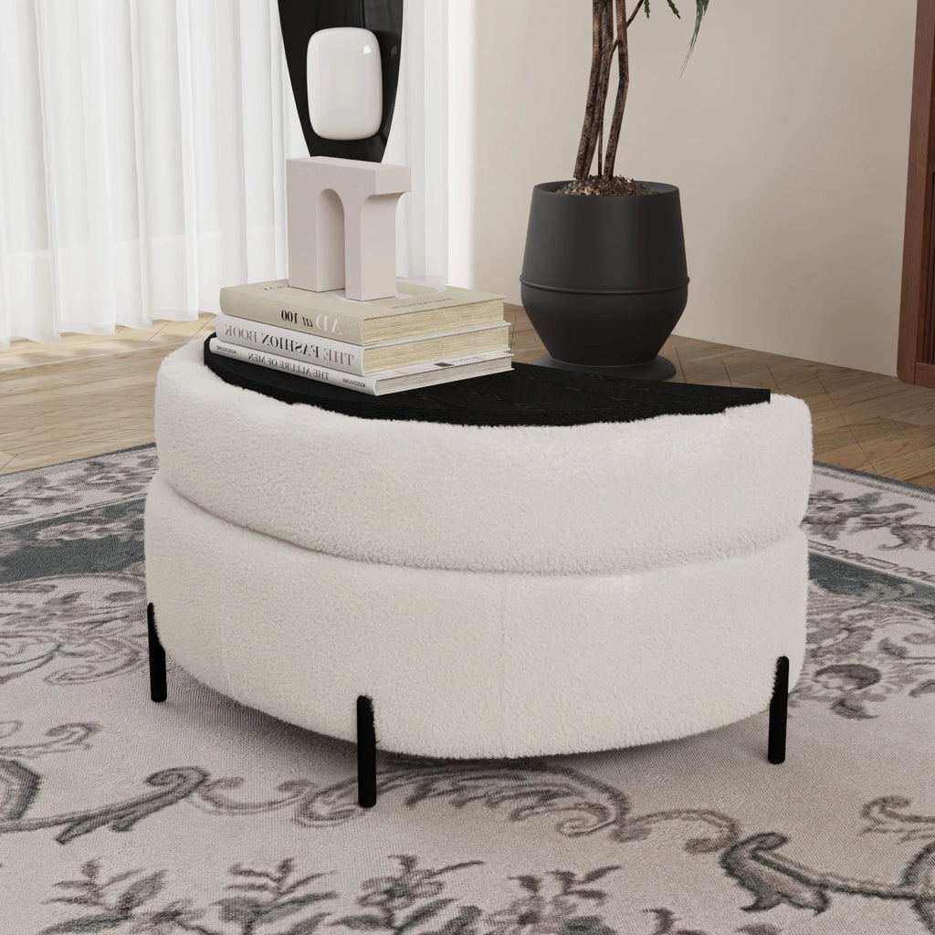 Pouf Sgabello Reclinabile con Vassoio ¨C MINIMAL ¨C Tessuto Sherpa, Avorio