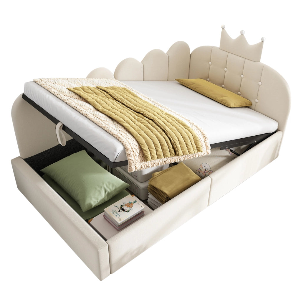 Letto da giorno contenitore 90x190 cm; design a corona e griglia; velluto beige