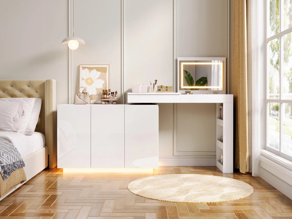 Tavolo da trucco angolare girevole con specchio LED, piano lucido bianco, 100¡Á40¡Á80 cm