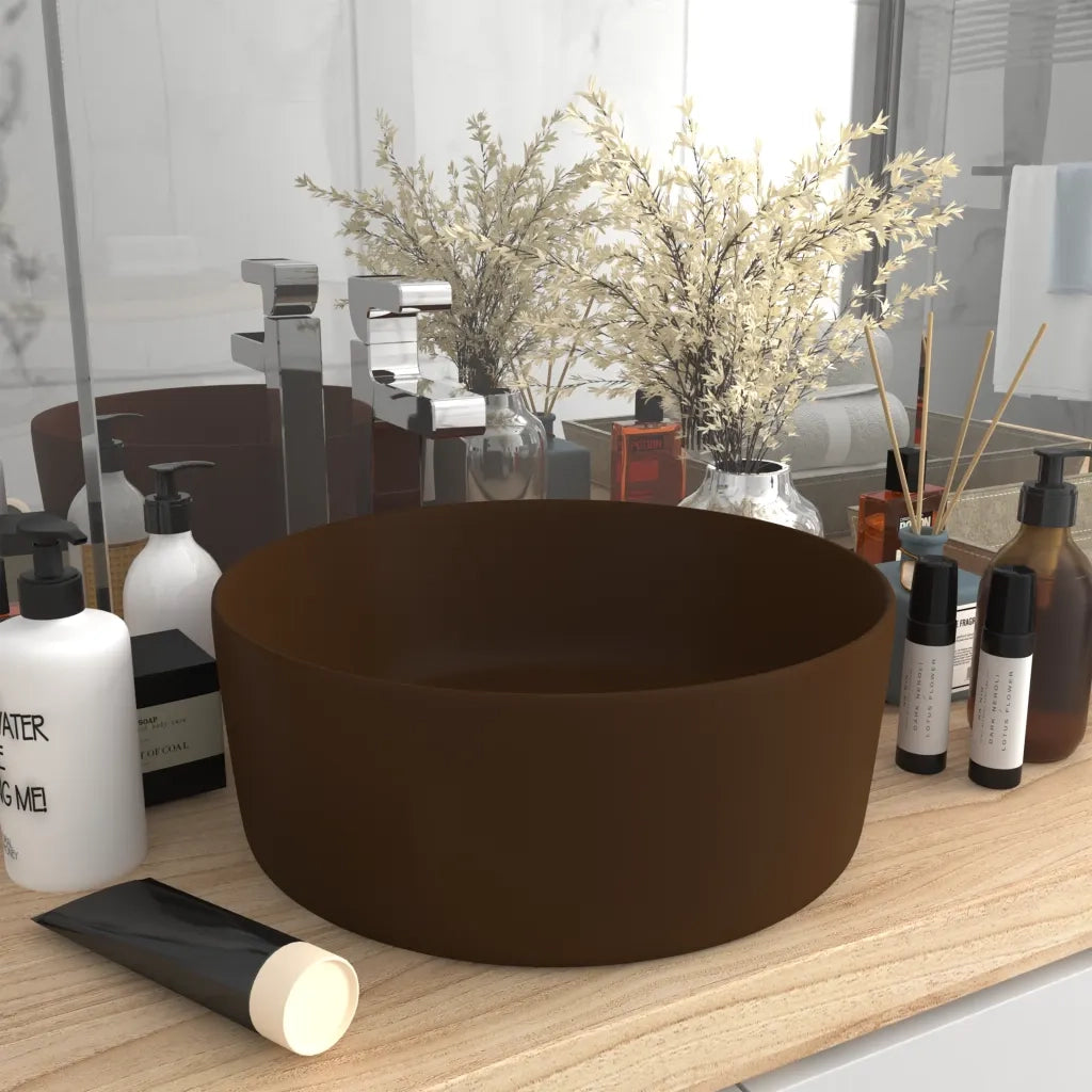 Lavandino Lusso-Lavabo-Lavello Rotondo Marrone Scuro Opaco 40x15cm in Ceramica