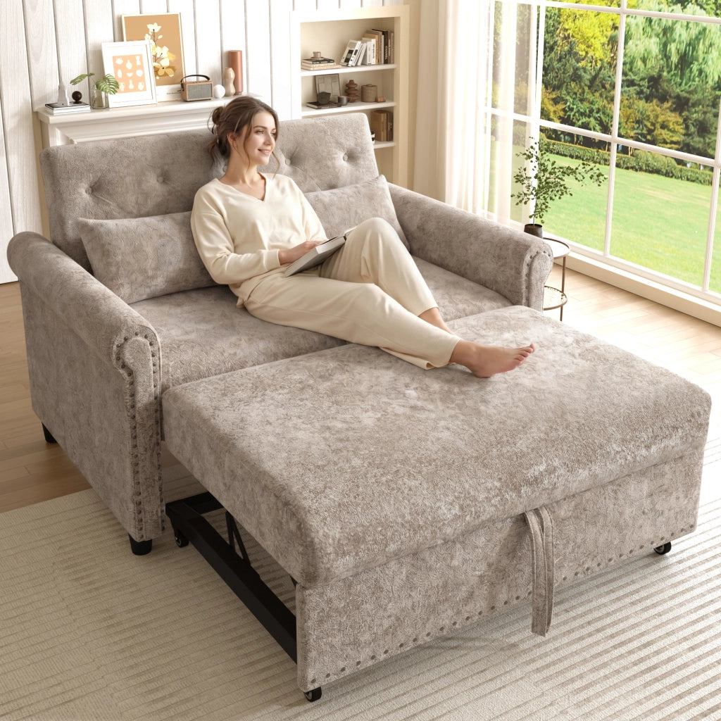 Divano letto 3 in 1 con schienale reclinabile a 3 posizioni e letto estraibile in tessuto chenille marrone grigio