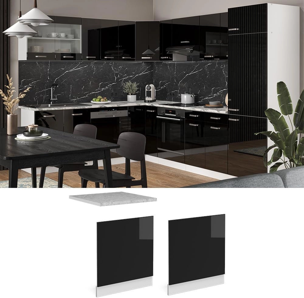 Pannello frontale R-Line, Nero lucido, 60 cm, PL Marmo, per la libera combinazione all'interno di sistemi cucina modulari