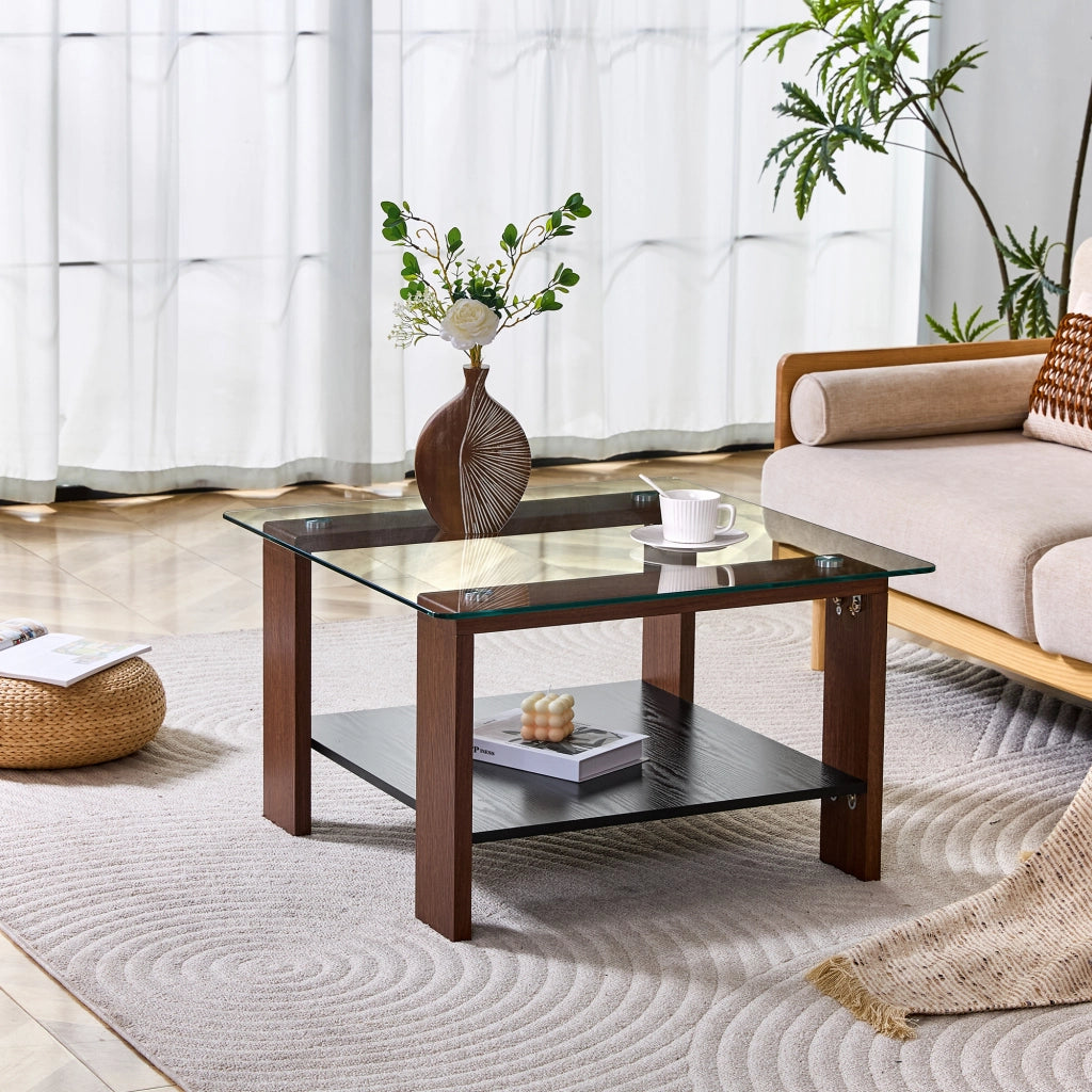 Tavolino basso con piano in vetro temperato e ripiano contenitore per soggiorno in MDF e vetro noce 65 × 41 × 45,5 cm