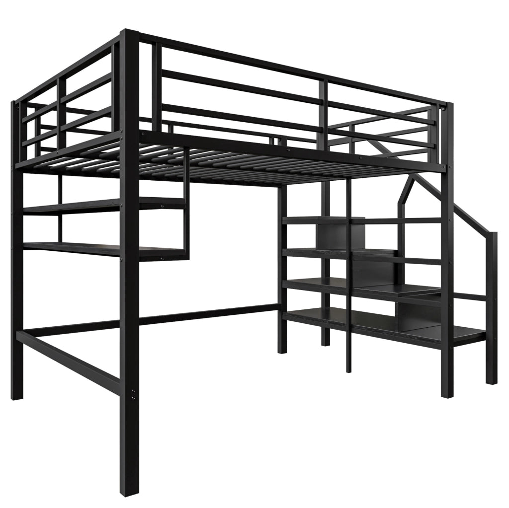 Letto a soppalco 140x200 cm; con ripiani e scala contenitore; metallo nero (Senza materasso)