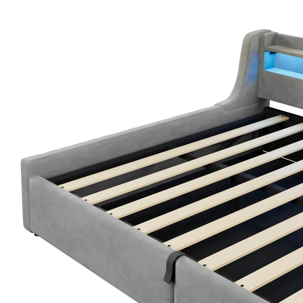 Letto imbottito 140x200 cm con contenitore e LED in flanella grigio