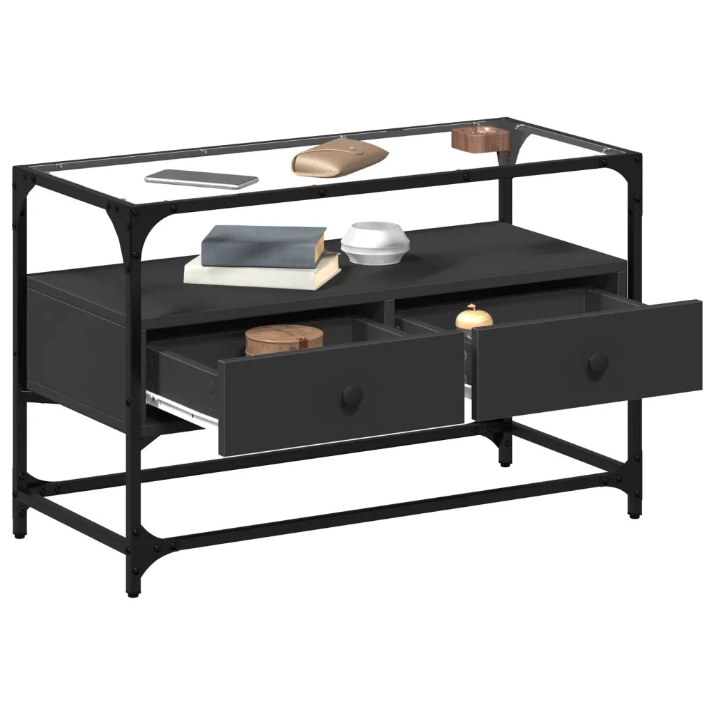 Mobile TV | Armadietto TV | Mobile Porta TV con Piano in Vetro Nero 80x35x51 cm Legno Multistrato