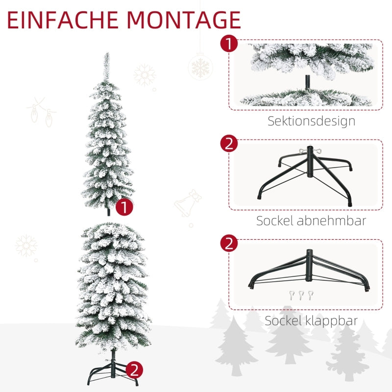 Albero di Natale artificiale, innevato, dal design sottile, ignifugo, 180 cm, verde/bianco