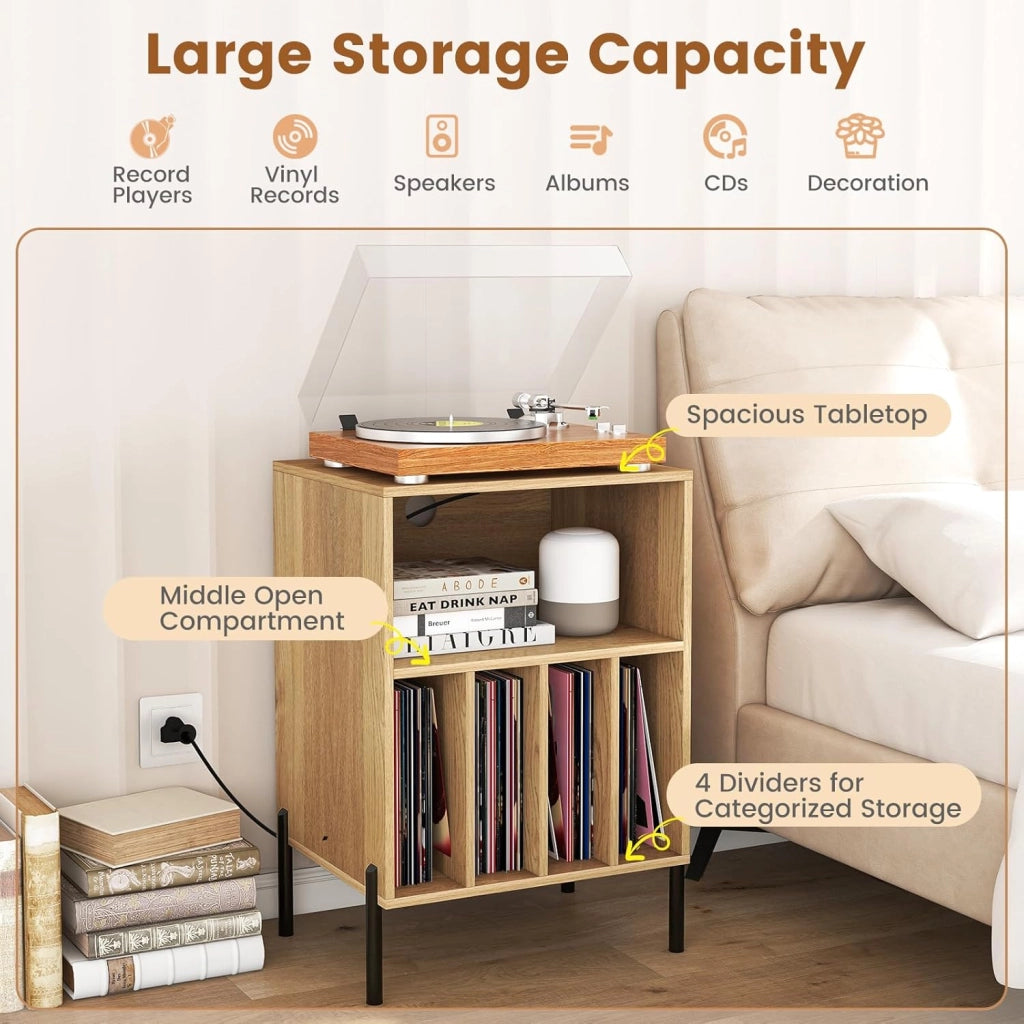 Tavolino da Letto Mobile Giradischi con Base di Ricarica, Comodino per 150 Album, 2 Porte USB, 1 Tipo C, 5 Scomparti, Gambe in Metallo, Supporto per Giradisco, 53 x 45 x 78 cm