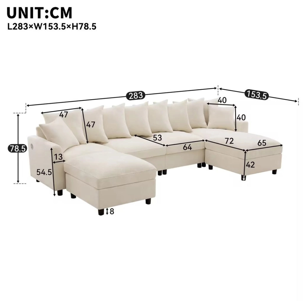 Divano modulare ULEVR 6 posti 283x153,5 cm configurabile a U o L con 2 pouf, USB e Type-C, chenille beige
