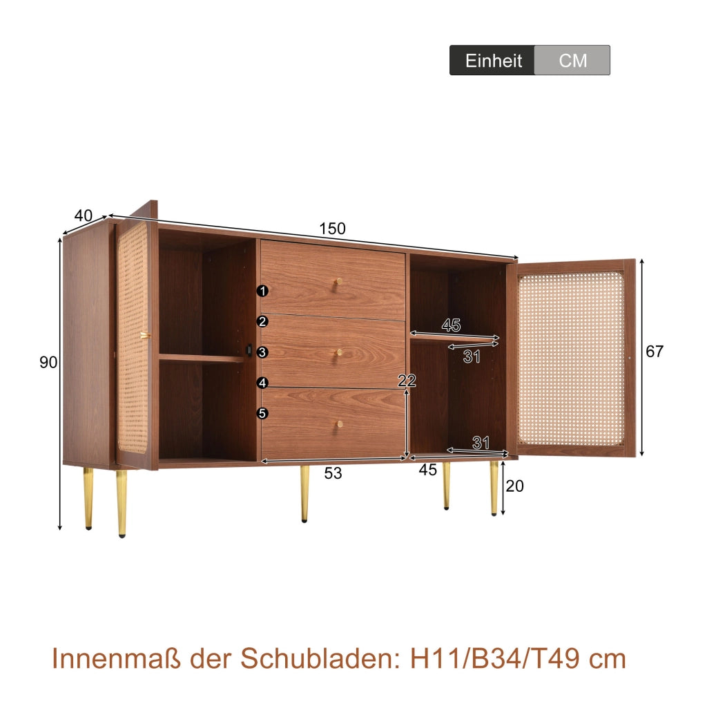 Credenza 150 cm noce con 2 ante e 3 cassetti