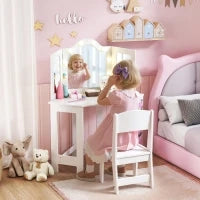 Set toeletta e sgabello per bambini, con luci LED bicolore, specchio triplo richiudibile, Bianco