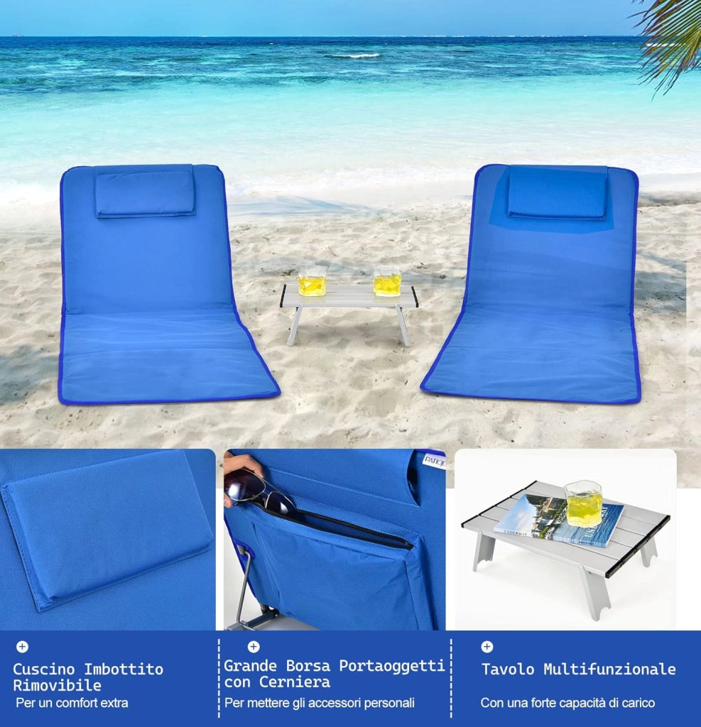 Set 2 Sdraio da Spiaggia con Tavolino, Tappettino Spiaggia Pieghevole con Schienale Reclinabile, Poggiatesta e Tasca Posteriore, Portatile con Manico, per Giardino e Campeggio (Blu)