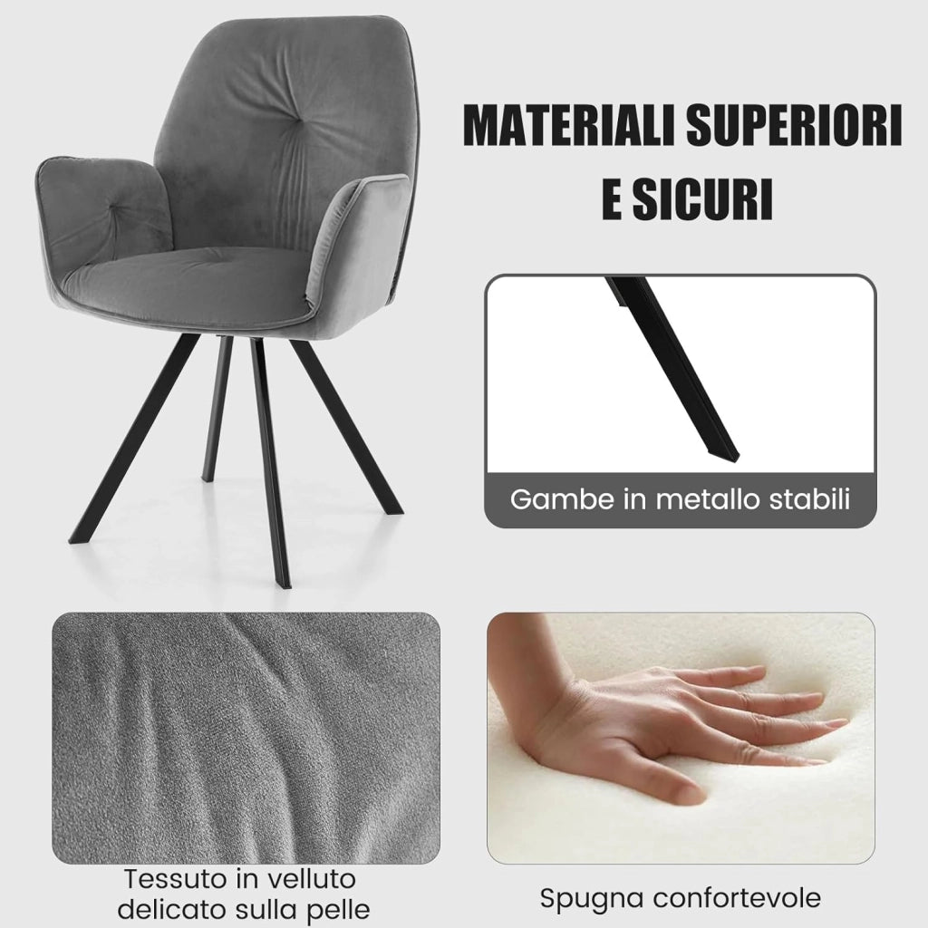 Set di 2 Sedia da Scrivania in Velluto, Poltrona Girevole a 360° con Gambe in Metallo e Piedini Antiscivolo, Schienale Largo e Braccioli Ergonomici, per Camera da Letto, Studio, Soggiorno