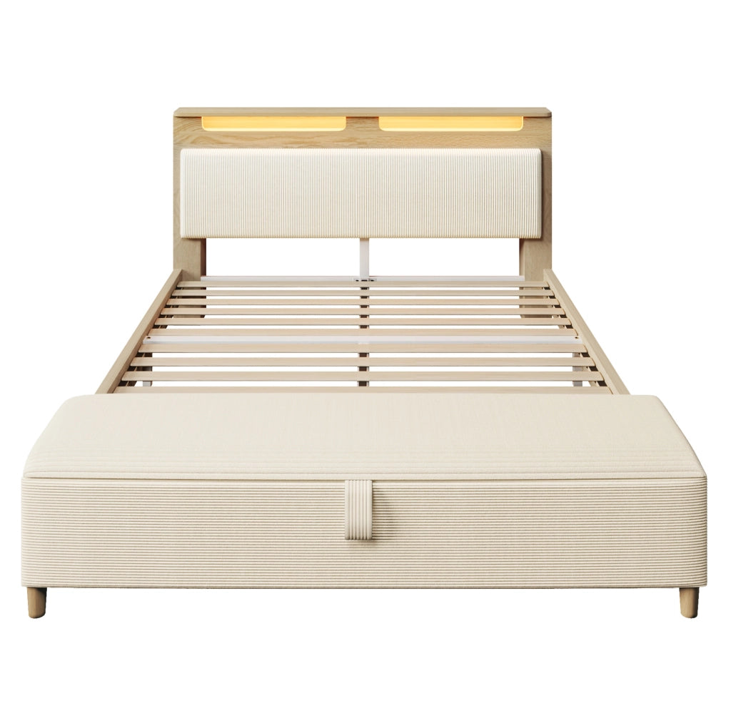 Letto matrimoniale con panca contenitore e testiera LED 140x200 cm; rovere chiaro e beige
