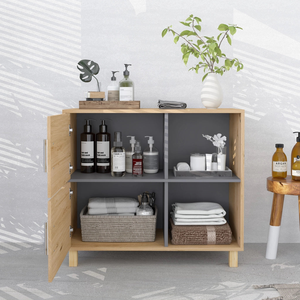 Mobile da bagno con ante e ripiani aperti ¨C Zephmum ¨C Legno naturale 80x35x70 cm
