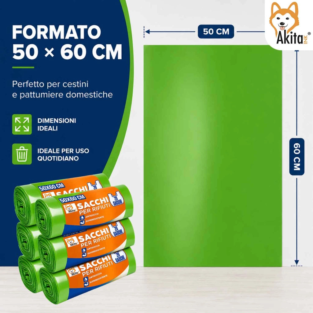 Akitaink 120 Sacchi Spazzatura 50x60 Verdi con Legacci