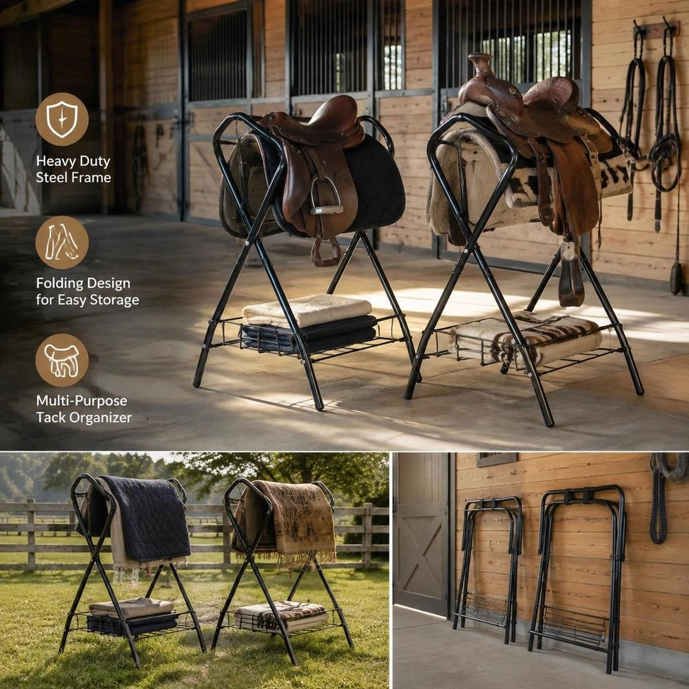Foldable Saddle Rack, Set Of 2, Horse Saddle Stand Up To 60 Kg, Portable Horse Blanket Holder, Sturdy Steel Saddle Stand For English And Western Saddles, Bridle Storage, Black