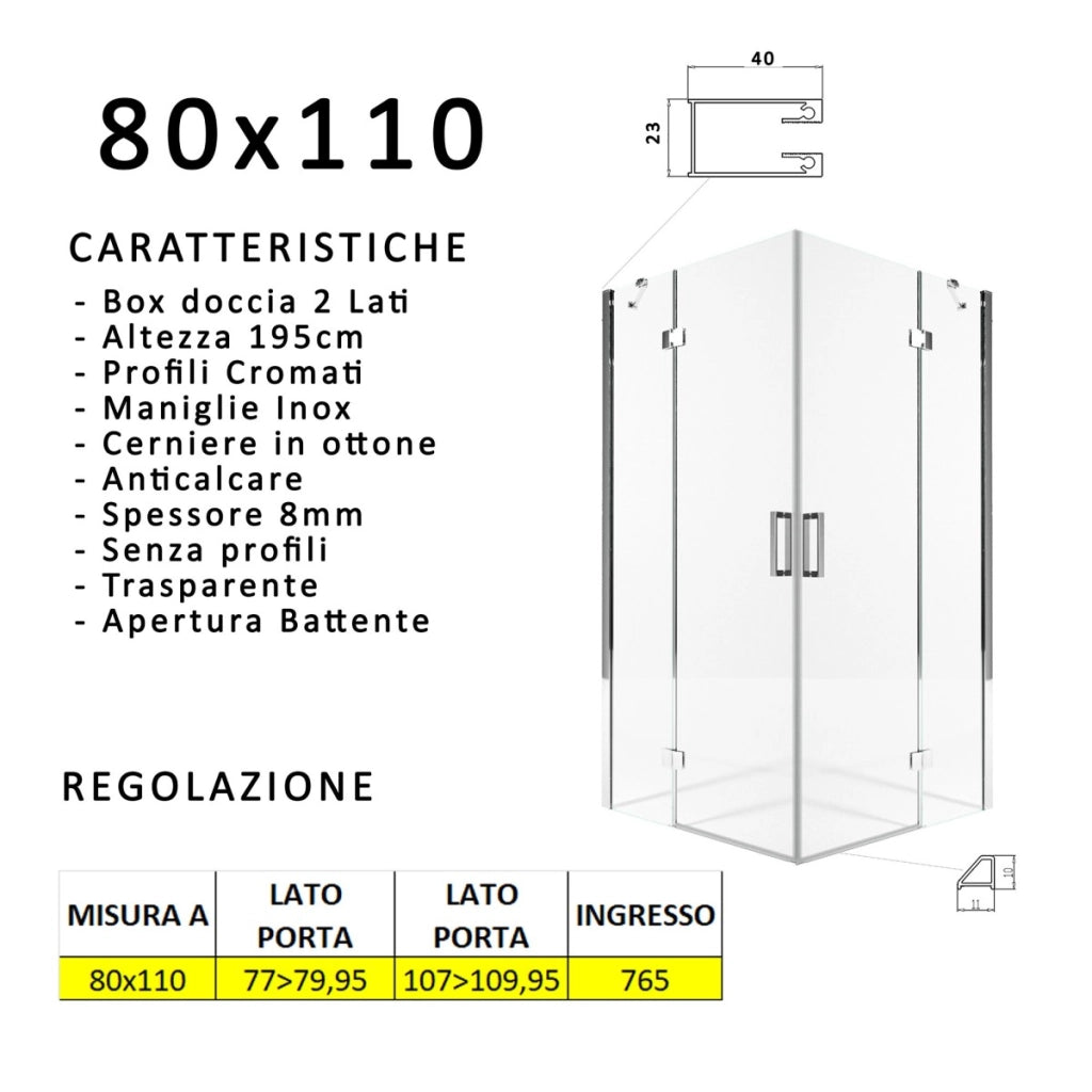 Box doccia due lati battenti 8 mm h195 anticalcare regina, misura 80x110