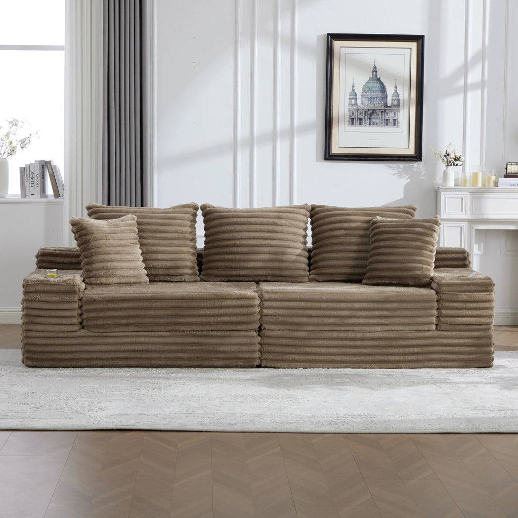 Divano letto componibile in tessuto a coste con schienale alto, cuscini, tasche laterali e portabicchieri, khaki