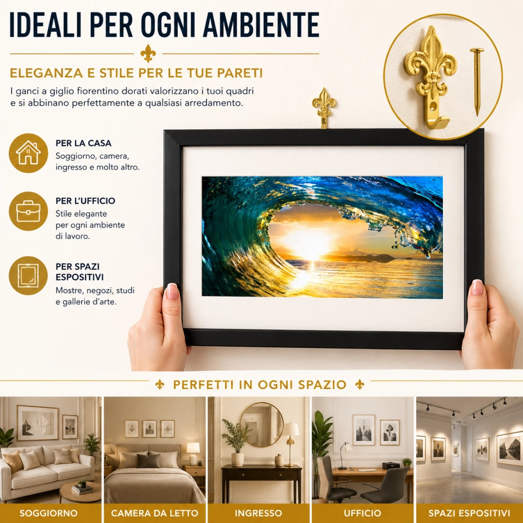 15 Ganci Dorati Quadri Giglio Fiorentino 3 cm con Chiodi 68241