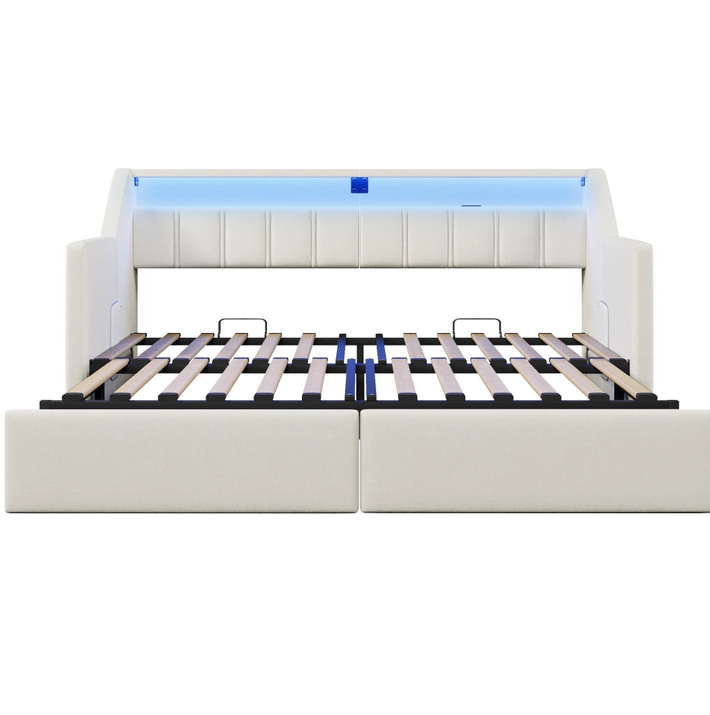 Letto da giorno beige 90x200 cm con estraibile 180x200, USB-C, LED e cassetti