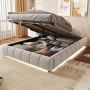 OKWISH Letto contenitore 140×200 cm, Letto Matrimoniale con LED Bianca e Vano Idraulico, senza Materasso, in Flanella, Beige