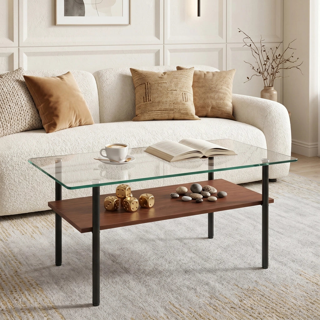Tavolino basso con piano in vetro temperato e ripiano in MDF, struttura in metallo, nero e marrone, 98 × 58 × 45 cm