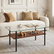 Tavolino basso con piano in vetro temperato e ripiano in MDF, struttura in metallo, nero e marrone, 98 × 58 × 45 cm
