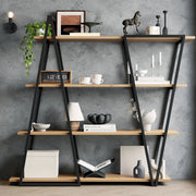 Libreria a giorno geometrica 158x35x166 cm; metallo nero e MDF effetto quercia