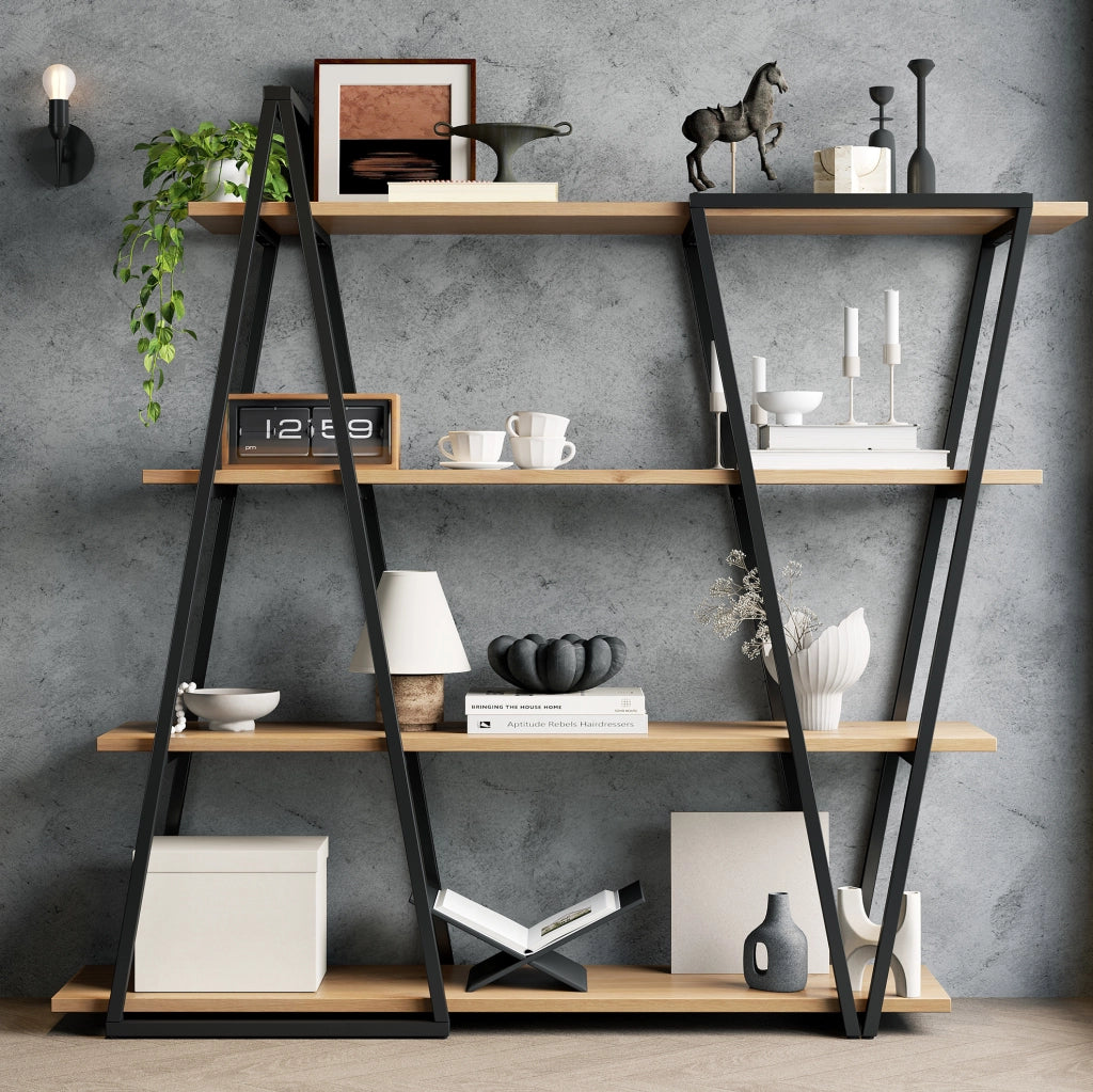 Libreria a giorno geometrica 158x35x166 cm; metallo nero e MDF effetto quercia