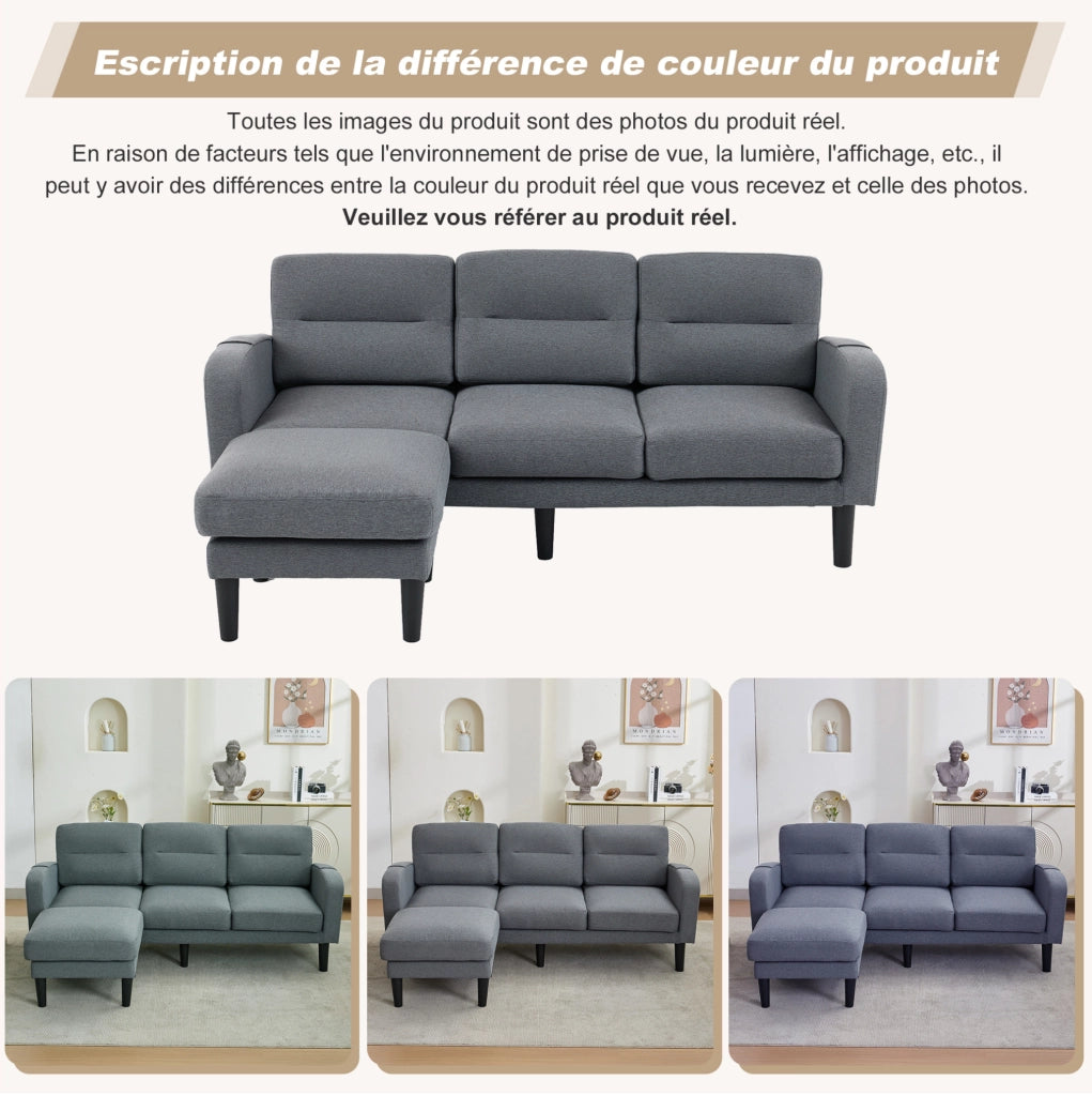 Divano angolare ULEVR 204x136x80 cm, 3 posti con chaise longue e tasche laterali, grigio