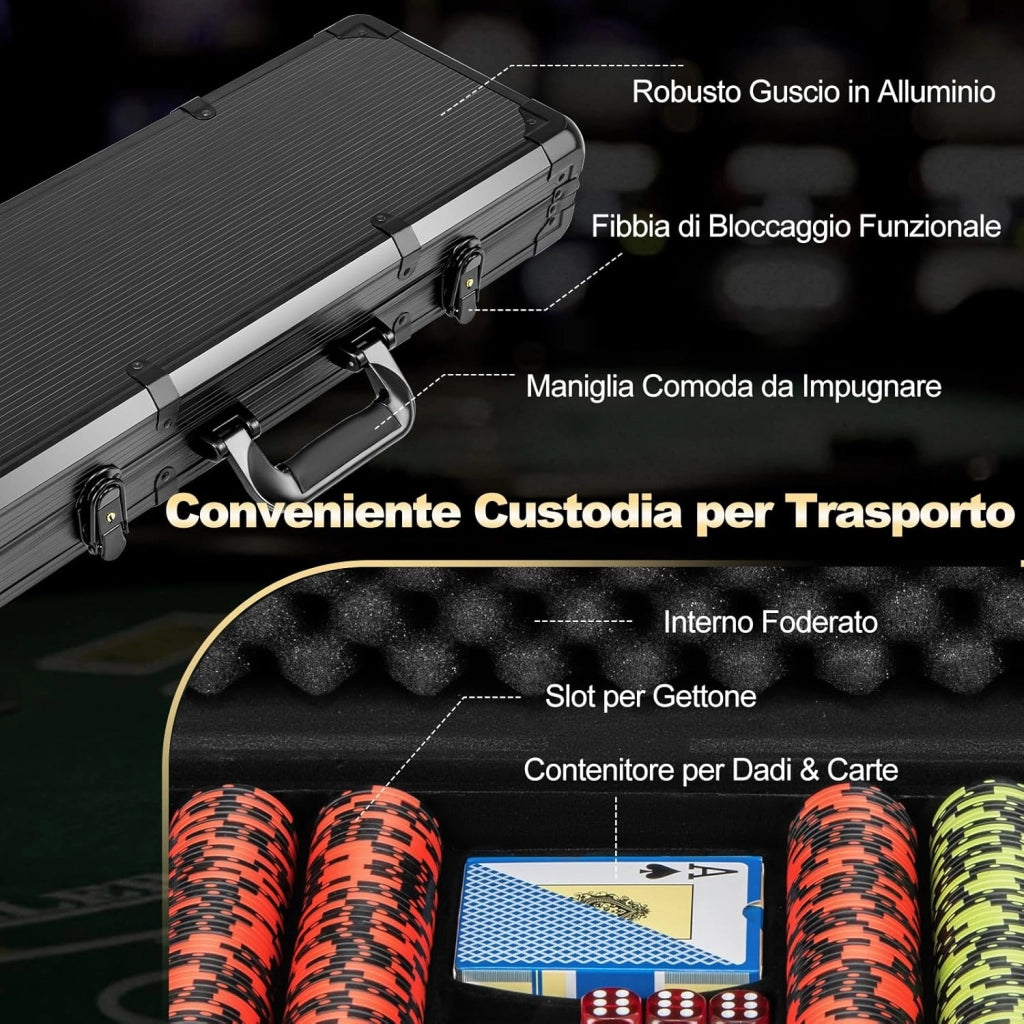 Poker Chips, Set di Fiches da Poker con 500/300 Chips e Custodia in Alluminio, Mazzo di Carte 5 Dadi, Set di Fiches per Party Viaggi e Feste (500 chips)