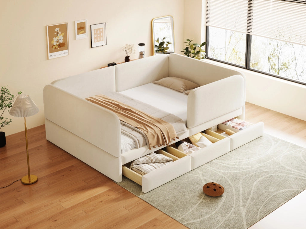 Letto per bambini imbottito 140x200 cm in velluto con sponde di sicurezza, cassetti contenitore, beige